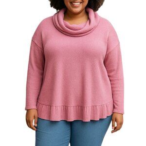 Terra & Sky Pink Cowl Neck Sweater Ruffle Hem Knit Pullover Top Plus Size 1X